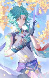 Rule 34 | 1boy, absurdres, ahoge, aqinorz, arm tattoo, asymmetrical clothes, bead necklace, beads, black gloves, closed mouth, diamond (shape), facial mark, forehead mark, genshin impact, gloves, green gloves, green hair, highres, jewelry, male focus, multicolored hair, necklace, shirt, short hair, shoulder spikes, sidelocks, smile, solo, spikes, tattoo, xiao (genshin impact), yellow eyes