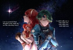 1boy 1girl alm_(fire_emblem) armor back-to-back blue_armor breastplate cape celica_(fire_emblem) choker closed_eyes couple creyton dress earrings fingerless_gloves fire_emblem fire_emblem_echoes:_shadows_of_valentia from_side galaxy gloves green_hair hetero highres jewelry long_hair lyrics music nintendo praying prince princess red_eyes red_hair short_hair singing star_(sky) tiara white_armor white_dress wishing