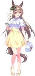 1girl animal_ears arms_behind_back bag breasts brown_eyes brown_hair casual cellphone feet hair_between_eyes hair_ornament holding holding_bag horse_ears horse_girl horse_tail kfc large_breasts legs long_hair looking_at_viewer official_alternate_costume official_art open_mouth phone plastic_bag sandals satono_diamond_(umamusume) skirt smartphone solo tail umamusume yellow_skirt