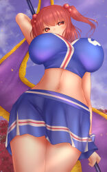 Rule 34 | 1girl, alternate costume, arm behind head, blue skirt, blue tank top, breasts, closed mouth, commentary request, flower, from below, hair bobbles, hair ornament, highres, huge breasts, looking at viewer, navel, onozuka komachi, onozuka komachi (happy-to-listen cheer-up guide), outdoors, red eyes, shounen (hogehoge), skirt, skull print, smile, solo, spider lily, tank top, touhou, touhou lostword, two side up, variant set