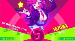 Rule 34 | arm up, beret, black boots, black coat, black hat, blue skirt, blush, boots, buro (idol) (muse dash), buro (muse dash), coat, collared shirt, floating hair, game screenshot, glint, hat, highres, korean text, long coat, long hair, long sleeves, looking at viewer, microphone, miniskirt, muse dash, necktie, nude, open clothes, open coat, open mouth, pink eyes, pink hair, red necktie, shirt, sidelocks, skirt, smile, solo, twintails, v-shaped eyebrows, wing collar