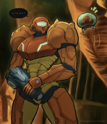 ... 1girl arm_cannon artist_name baby creature green_visor helmet highres metroid metroid:_samus_returns metroid_(creature) metroid_2:_return_of_samus nintendo red_helmet samus_aran star_yoshi weapon