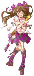 Rule 34 | 1girl, alphes (style), black necktie, black skirt, black socks, blush, brown hair, cellphone, collarbone, collared shirt, commentary request, dairi, defeat, flip phone, frilled shirt collar, frills, full body, geta, hair between eyes, hair ribbon, hand up, hat, heart, himekaidou hatate, holding, holding phone, kneehighs, large variant set, long hair, miniskirt, multicolored skirt, necktie, parody, phone, plaid clothes, plaid skirt, pouch, purple hat, purple ribbon, purple skirt, ribbon, shirt, skirt, socks, solo, standing, standing on one leg, style parody, tachi-e, tengu-geta, tokin hat, torn clothes, touhou, transparent background, twintails, variant set, white shirt