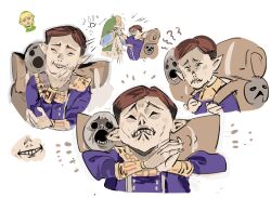 2boys brown_hair closed_mouth green_tunic happy_mask_salesman highres link male_focus mayutsuba_mono multiple_boys multiple_views nintendo phrygian_cap pointy_ears short_hair the_legend_of_zelda the_legend_of_zelda:_majora&#039;s_mask tunic