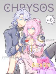 1boy 1girl absurdres ahoge blue_eyes blue_gloves blue_jacket couple cover cyrene_(honkai:_star_rail) dress fake_magazine_cover gloves hat heart heart_hands heart_hands_duo hetero highres honkai:_star_rail honkai_(series) jacket lianxielian magazine_cover phainon_(honkai:_star_rail) pink_dress pink_hair short_hair smile white_hair white_hat
