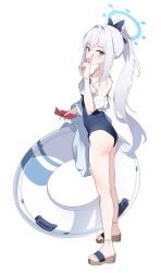 1girl absurdres blue_archive blue_halo blue_one-piece_swimsuit blush breasts casual_one-piece_swimsuit frilled_one-piece_swimsuit frills from_side full_body hair_intakes halo highres holding holding_swim_ring innertube long_hair looking_at_viewer miyako_(blue_archive) miyako_(swimsuit)_(blue_archive) off-shoulder_one-piece_swimsuit off_shoulder official_alternate_costume one-piece_swimsuit open_mouth ponytail purple_eyes ramuri sandals sidelocks simple_background small_breasts solo swim_ring swimsuit toes white_background white_innertube
