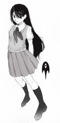 Rule 34 | 1girl, arms behind back, breasts, closed mouth, collared shirt, commentary request, double-parted bangs, from above, greyscale, hair behind ear, hair between eyes, halftone, highres, kneehighs, legs apart, long hair, looking at viewer, mari (headspace) (omori), mari (omori), medium skirt, monochrome, neckerchief, omori, pleated skirt, sema (vivaviva 02), shirt, shoes, short sleeves, simple background, skirt, small breasts, socks, solo, something (omori), standing, straight hair, sweater vest, very long hair, white background
