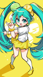 Rule 34 | 1girl, \m/, absurdres, aqua eyes, aqua hair, blush, bracelet, cantaloupe, crossed arms, food, food-themed hair ornament, fruit, fruit hat ornament, hair ornament, hands up, hatsune miku, highres, jewelry, lemon hair ornament, lemon melon cookie (vocaloid), long hair, looking at viewer, melon, melon hair ornament, mitsumitsu (tarayama), open mouth, shoes, skirt, smile, socks, solo, standing, twintails, very long hair, white socks, yellow background, yellow shoes, yellow skirt