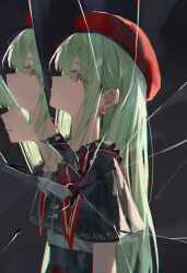 absurdres bang_dream! bang_dream!_it&#039;s_mygo!!!!! black_shirt crack cracked_glass earrings expressionless from_side green_hair haimaotuanzi highres jewelry long_hair looking_at_viewer meerkat mortis_(bang_dream!) multiple_expressions multiple_persona shirt simple_background upper_body wakaba_mutsumi