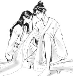 2girls barefoot chinese_clothes commentary english_commentary greyscale hair_bun hanfu highres jing_wei_qing_shang long_hair long_sleeves monochrome multiple_girls nangong_jingnu qiyan_agula scroll seijousai signature sitting