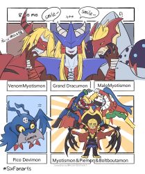 belialvamdemon claws demon digimon fusion_dance granddracumon highres mask picodevimon piemon skull smile vamdemon vampire venomvamdemon voltobautamon wings