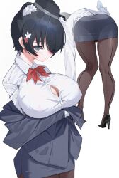 1girl absurdres akiak1 animal_ears ass bent_over black_hair black_hat black_panties black_pantyhose blue_archive bow bowtie breasts button_gap extra_ears formal_clothes from_behind garrison_cap hair_over_one_eye hat highres large_breasts looking_at_viewer multiple_views off_shoulder official_alternate_costume panties pantyhose pantylines raccoon_ears raccoon_girl red_bow red_bowtie see-through_clothes see-through_skirt skirt suit tour_guide tsubaki_(blue_archive) tsubaki_(guide)_(blue_archive) underwear