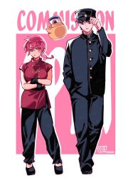 1boy 1girl adjusting_clothes adjusting_headwear black_hat black_jacket black_pants braid commission crossed_arms full_body gakuran genderswap genderswap_(ftm) hand_in_pocket hat highres jacket kettle looking_at_another pants pink_background pink_eyes pink_hair quy_(quiin) ranma-chan ranma_1/2 red_shirt school_uniform shirt standing tendou_akane