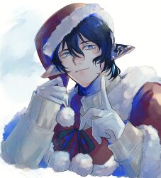 1boy arm_up aymeric_de_borel black_hair black_ribbon blue_eyes capelet commentary_request cropped_torso elezen elf final_fantasy final_fantasy_xiv gloves hair_between_eyes hat highres index_finger_raised long_sleeves male_focus momi_(erumo) neck_ribbon pointy_ears pom_pom_(clothes) red_capelet ribbon santa_hat shirt sleeves_past_wrists smile solo turtleneck upper_body white_background white_gloves white_shirt