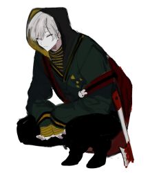 1boy axe bad_id bad_pixiv_id black_footwear black_pants blood character_request closed_eyes closed_mouth copyright_request ear_piercing hatchet_(axe) hood hood_up hoodie light_frown long_sleeves lunch_(lunchicken) medium_hair pants piercing shirt simple_background sleeves_past_wrists solo squatting striped_clothes striped_shirt white_background white_hair