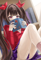1girl absurdres alternate_costume book bookshelf brown_hair commentary_request highres holding holding_book honkai:_star_rail honkai_(series) indoors knees_up long_hair looking_at_viewer morocha1130 open_mouth panties pantyhose purple_eyes purple_skirt red_sweater sitting skirt solo sparkle_(honkai:_star_rail) sweater twintails underwear very_long_hair white_panties white_pantyhose