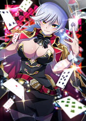 Rule 34 | 1girl, black ribbon, black skirt, black thighhighs, breasts, card, cleavage, cloak, gizeric fausta, hat, highres, iris mysteria!, large breasts, otowaika, playing card, ribbon, skirt, standing, thighhighs, white hair, yellow eyes