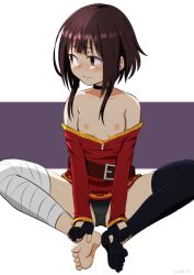 1girl asymmetrical_legwear bandaged_leg bandages belt belt_buckle black_choker black_panties black_thighhighs blunt_ends blush breasts breasts_apart brown_belt brown_hair buckle butterfly_sitting choker choppy_bangs closed_mouth clothes_lift clothes_pull crotch_seam dress dress_lift dress_pull embarrassed feet full_body hands_on_own_feet highres kono_subarashii_sekai_ni_shukufuku_wo! loli long_sidelocks megumin nipples no_bra no_shoes nose_blush off-shoulder_dress off_shoulder panties partially_visible_vulva picot_trim_panties purple_background red_dress red_eyes short_dress short_hair_with_long_locks sidelocks sirokohi sitting small_breasts solo thighhighs toes turning_head two-tone_background underwear variant_set wavy_mouth white_background
