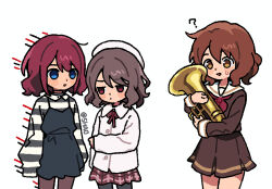 Rule 34 | 3girls, ?, beret, black dress, black pantyhose, blue eyes, brown eyes, brown hair, brown serafuku, brown skirt, crossover, dress, ebizuka tomo, girls band cry, grey hair, hairstyle connection, hat, hibike! euphonium, instrument, iseri nina, jacket, kitauji high school uniform, long sleeves, multiple girls, neck ribbon, open mouth, oumae kumiko, pantyhose, pinafore dress, plaid clothes, plaid skirt, pleated skirt, red eyes, red hair, red ribbon, red skirt, ribbon, sailor collar, school uniform, serafuku, shao (shaorouhong), shirt, short hair, skirt, sleeveless, sleeveless dress, striped clothes, striped shirt, sweatdrop, triangle mouth, unmoving pattern, white hat, white jacket, white sailor collar