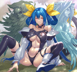 1girl artist_name ass bare_shoulders belt black_choker black_panties black_thighhighs blue_hair blush breasts center_opening choker commentary_request detached_sleeves dizzy_(guilty_gear) embarrassed groin guilty_gear guilty_gear_x guilty_gear_xx hair_rings high_heels highres large_breasts long_hair long_sleeves navel necro_(guilty_gear) open_mouth panties puffy_long_sleeves puffy_sleeves red_eyes ribbon simple_background sitting skindentation solo spread_legs stomach tail tail_ornament tail_ribbon thick_thighs thighhighs thighs tomo_eokaiteru toned toned_female twintails underboob underwear undine_(guilty_gear)