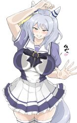 Rule 34 | 1girl, against fourth wall, animal ears, arm up, bow, breasts, commentary request, cowboy shot, ear covers, ear ornament, grey hair, grin, highres, hishi miracle (umamusume), horse ears, horse girl, horse tail, large breasts, looking at viewer, medium hair, miya nns35, puffy short sleeves, puffy sleeves, purple bow, purple shirt, school uniform, shirt, short sleeves, simple background, skirt, smile, solo, summer uniform, tail, thighhighs, tracen school uniform, umamusume, white background, white thighhighs