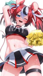 1girl ;d absurdres alternate_costume animal_ear_fluff animal_ears armpits black_hair blue_eyes breasts cheerleader commentary hair_between_eyes hakos_baelz highres hololive hololive_english medium_breasts midriff miniskirt mouse_ears mouse_girl mouse_tail multicolored_hair navel nobarts one_eye_closed open_mouth pom_pom_(cheerleading) red_hair sharp_teeth simple_background skindentation skirt smile solo stomach streaked_hair sweat tail teeth thigh_strap twintails uneven_twintails upper_teeth_only virtual_youtuber white_background white_hair