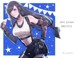 1girl arm_warmers bare_shoulders birthday black_gloves black_hair black_skirt black_thighhighs breasts clenched_hand closed_mouth collarbone commentary cowboy_shot crop_top dated earrings elbow_gloves final_fantasy final_fantasy_vii final_fantasy_vii_rebirth final_fantasy_vii_remake fingerless_gloves gloves hand_on_own_hip happy_birthday jewelry large_breasts long_hair low-tied_long_hair midriff miniskirt navel nnnmmg0725 red_eyes single_arm_warmer skirt smile solo star_(symbol) suspender_skirt suspenders swept_bangs tank_top thighhighs tifa_lockhart twitter_username white_tank_top