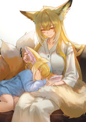 2girls absurdres animal_ears arknights blonde_hair blue_hairband blue_pajamas closed_eyes closed_mouth commentary_request facial_scar fox_ears fox_girl fox_tail hair_rings hairband highres kitsune kyuubi lap_pillow long_hair long_sleeves looking_at_another mother_and_daughter motion_lines multiple_girls multiple_tails pajamas parted_lips scar scar_on_cheek scar_on_face short_hair sitting sleeping smile suzuran_(arknights) tail uof vulpisfoglia_(arknights) white_background white_pajamas yellow_eyes yellow_tail