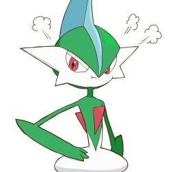 1boy :t arm_at_side blue_hair closed_mouth colored_skin gallade gen_4_pokemon green_hair green_skin hair_between_eyes half-closed_eyes hand_on_own_hip looking_at_viewer male_focus mohawk monya multicolored_hair multicolored_skin nintendo pokemon pokemon_(creature) pout puff_of_air red_eyes short_hair simple_background solo standing two-tone_hair two-tone_skin upper_body white_background white_skin
