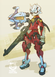 1boy armor blonde_hair cape char_aznable elmeth full_body gloves gundam gundam_gquuuuuux helmet looking_at_viewer male_focus mask mecha mecha_focus military_uniform mobile_suit_gundam nakayama_tooru robot weapon zeon