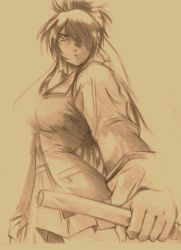 1girl breasts female_focus hair_over_one_eye kakashi1920 katana long_hair mitsurugi_ryouko monochrome ponytail real_bout_high_school school_uniform sepia solo sword traditional_media weapon
