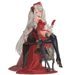 1girl a-545_(bloom_of_the_drunken_tea)_(girls&#039;_frontline) a-545_(girls&#039;_frontline) aek-971 alcohol aqua_eyes assault_rifle bare_shoulders black_boots black_thighhighs blonde_hair blush boots bottle bow braid breasts china_dress chinese_clothes chinese_text chinese_zodiac cleavage closed_mouth collarbone dress french_braid full_body fur girls&#039;_frontline gun hair_bow hair_ornament hairclip high_heel_boots high_heels holding holding_bottle holding_letter knee_boots letter long_hair looking_at_viewer medium_breasts messikid official_alternate_costume official_art red_dress rifle sitting smile solo thighhighs thighs transparent_background twintails very_long_hair vodka weapon year_of_the_tiger