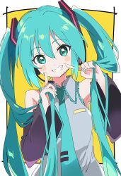 Rule 34 | 1girl, absurdres, black sleeves, blue eyes, blue hair, blush, collared shirt, detached sleeves, flat chest, grey sky, grin, hair between eyes, hatsune miku, headphones, headset, highres, hutaba haru, long hair, looking at viewer, microphone, shirt, simple background, sky, sleeveless, sleeveless shirt, smile, solo, twintails, upper body, vocaloid, wing collar, yellow background