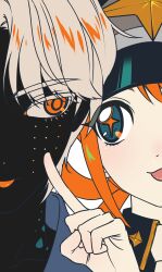 Rule 34 | 1boy, 1girl, absurdres, black hat, black jacket, black skin, blue eyes, blue shirt, brown jacket, close-up, colored skin, grey hair, hat, highres, jacket, multicolored hair, orange eyes, orange hair, original, shirt, simple background, tongue, tongue out, two-tone hair, white background, yang gallae