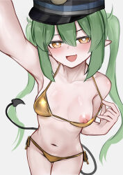 1girl absurdres bikini blue_archive breasts commentary demon_tail fang gold_bikini green_hair hair_between_eyes highres long_hair navel nipples nozomi_(blue_archive) open_mouth pointy_ears skin_fang small_breasts solo stomach swimsuit symbol-only_commentary tail twintails wawamachi yellow_eyes