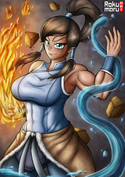 1girl abs avatar:_the_last_airbender avatar_legends bare_shoulders black_hair blue_eyes blurry blurry_background blush breasts dark-skinned_female dark_skin female_focus fire hair_tubes highres hydrokinesis korra large_breasts looking_at_viewer medium_hair muscular muscular_female open_mouth ponytail pyrokinesis rokumaruart solo the_legend_of_korra thighs toned water