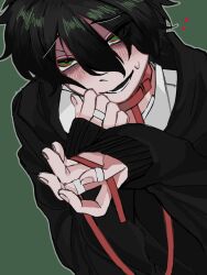 Rule 34 | 1boy, bibip dayo, black hair, black hoodie, blush, collar, degrees of lewdity, green background, green eyes, hair between eyes, highres, hood, hoodie, kylar (degrees of lewdity), kylar (male) (degrees of lewdity), leash, looking at viewer, offering leash, red collar, short hair, simple background, solo, sweat