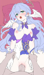 1boy 1girl absurdres armpit_crease bed blush breasts censored clothed_female_nude_male clothed_sex clothes_lift clothes_pull collar commentary daram_(shappydude) detached_collar dress dress_lift dress_pull earrings flat_color from_above gloves green_eyes halo head_wings hetero highres holding_another&#039;s_wrist honkai:_star_rail honkai_(series) jewel_under_eye jewelry large_breasts long_hair looking_at_viewer lying missionary mosaic_censoring nipples no_panties nude on_back on_bed open_mouth penis pillow pov purple_collar purple_hair pussy robin_(honkai:_star_rail) sex spread_legs thighs unfinished vaginal very_long_hair white_dress white_gloves wings