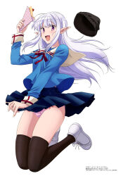 Rule 34 | 1girl, absurdres, beanie, black hat, black thighhighs, blue shirt, clothes lift, crepe, crotch seam, elf, food, full body, hat, highres, holding, holding crepe, holding food, jumping, long hair, long sleeves, looking at viewer, magazine scan, mariabelle (elf-san), megami magazine, miniskirt, neck ribbon, nihon e youkoso elf-san., official art, open mouth, panties, pantyshot, pink panties, pleated skirt, pointy ears, purple eyes, red ribbon, ribbon, sailor collar, sailor shirt, scan, shirt, sidelocks, simple background, skirt, skirt lift, smile, solo, thighhighs, underwear, white background, white hair, white sailor collar, white sneakers