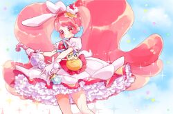 Rule 34 | 1girl, aihira (aihira12), animal ears, blue sleeves, bow, bowtie, brown bag, cake, closed mouth, cloud, cowboy shot, cure whip, day, dot nose, dress, dress bow, earrings, eyelashes, floppy ears, food, food-themed clothes, food-themed hair ornament, frilled dress, frilled sleeves, frills, fruit, gloves, hair ornament, hairband, happy, holding, holding wand, jewelry, kirakira precure a la mode, kirarin (precure), light blush, long hair, looking at object, magical girl, orange eyes, outdoors, petticoat, pink bow, pink bowtie, pink hair, pom pom (clothes), pom pom earrings, precure, puffy short sleeves, puffy sleeves, rabbit ears, rabbit girl, rabbit tail, red hairband, short dress, short sleeves, smile, solo, sparkle, strawberry, strawberry brooch, strawberry shortcake, tail, tareme, usami ichika, very long hair, waist bag, wand, white dress, white gloves
