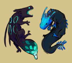 aqua_teeth black_eyes black_scales blue_eyes blue_lizard_(rain_world) blue_scales blue_tail blue_teeth colored_teeth commentary creature cyan_lizard_(rain_world) dragon english_commentary highres lizard lizard_(rain_world) lizard_tail looking_down looking_to_the_side maxsi_taxi monster no_humans open_mouth rain_world tail yellow_background