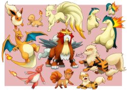 :o absurdres arcanine border charizard charmander charmeleon claws closed_mouth commentary_request creatures_(company) cyndaquil entei fangs flame-tipped_tail flareon game_freak gen_1_pokemon gen_2_pokemon growlithe highres kaichi_(tomiyu25) legendary_pokemon ninetales nintendo no_humans open_mouth pink_background pokemon pokemon_(creature) quilava signature smile typhlosion vulpix white_border