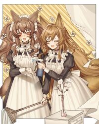 2girls :d absurdres alternate_costume angelina_(arknights) animal_ears apron arknights bandaid bandaid_on_hand black_choker black_dress blush border bottle bow bowtie brown_hair ceobe_(arknights) chise_(cym23730) choker commentary_request dog_ears dog_girl dog_tail dress enmaided flower fox_ears fox_girl fox_tail highres holding holding_mop juliet_sleeves korean_commentary light_brown_hair long_hair long_sleeves maid maid_headdress mop multiple_girls open_mouth outside_border puffy_sleeves smile spray_bottle striped_background sweat tail twintails vase very_long_hair water white_apron white_border white_bow white_bowtie white_flower