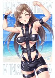 1girl :o arm_strap armpits arms_up bare_shoulders beach blue_sky blush breasts brown_eyes brown_hair character_name clenched_hands cloud collarbone commentary_request cowboy_shot dated day dutch_angle female_focus floating_hair happy_birthday highres horizon hot_limit idolmaster idolmaster_cinderella_girls large_breasts long_hair looking_at_viewer nitta_minami ocean open_mouth revealing_clothes shiny_clothes signature sky solo standing sweat swept_bangs t.m.revolution tareme thigh_strap underboob wristband yoohi