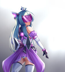 1girl ahoge amakubo_yuri ass back_bow bare_shoulders black_gloves black_skirt blue_hair bow detached_sleeves elbow_gloves exs-tia_flora from_behind gloves gradient_background grey_background head-mounted_display headgear highres kouyoku_senki_exs-tia kozu_rokuta leotard long_hair looking_back magical_girl miniskirt open_mouth panties pantyshot skirt solo standing thighhighs twintails underwear white_panties white_thighhighs