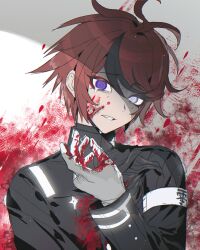 1boy armband black_streaks blood blood_on_clothes blood_on_face blood_on_gloves blue_eyes chinese_commentary clenched_teeth crying crying_with_eyes_open eyeliner gakuran gloves grey_eyes hand_up head_tilt heterochromia highres last_defense_academy_school_uniform looking_at_viewer makeup male_focus multicolored_hair red_eyeliner red_hair school_uniform short_hair solo spoilers streaked_hair sumino_takumi syuu_1125 tears teeth the_hundred_line_-last_defense_academy- upper_body white_armband white_gloves