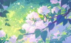 1girl artist_name bird black_hair blurry branch day depth_of_field dress flower highres huhv. leaf long_hair nature original outdoors scenery sitting solo tree wide_shot