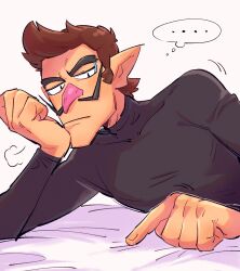 ... 1boy arm_support bad_tag black_skirt bored brown_hair facial_hair head_rest highres long_sleeves looking_down lying male_focus mario_(series) mustache nintendo on_side pale_skin pointy_ears shirt short_hair skirt solo solo_focus speech_bubble thick_eyebrows thought_bubble upper_body waluigi white_background yowasabimechaoc