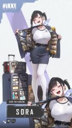 1girl animated ass audible_speech belt belt_collar black_belt black_bra black_hair black_shoes blue_skirt bouncing_ass bouncing_breasts bra bra_visible_through_clothes breasts brown_eyes cellphone character_name collar dfm_(darknessdfm) ear_piercing english_audio english_text engrish_text finger_to_mouth goddess_of_victory:_nikke gold gold_bar handheld_metal_detector highres holding holding_weapon huge_ass huge_breasts jiggle long_hair long_sleeves medicine_bottle official_art open_clothes open_mouth open_shirt open_suitcase pantyhose phone piercing ranguage rolling_suitcase shirt shoes shushing skirt smartphone smile solo sora_(nikke) sound standing suitcase tagme thigh_strap trembling twintails underwear video weapon white_shirt wide_hips