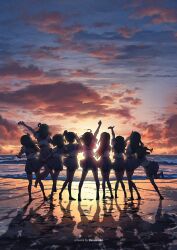 6+girls absurdres ahoge arm_up artist_name beach cloud commentary english_commentary from_behind grey_sailor_collar grey_skirt hair_rings highres jumping kunikida_hanamaru kurosawa_dia kurosawa_ruby long_hair love_live! love_live!_sunshine!! matsuura_kanan medium_hair multiple_girls ohara_mari orange_sky outdoors ponytail purple_sky rinoarashi sailor_collar sakurauchi_riko school_uniform shadow shirt skirt sky standing summer_uniform sunset takami_chika tsushima_yoshiko twilight uranohoshi_school_uniform watanabe_you white_shirt
